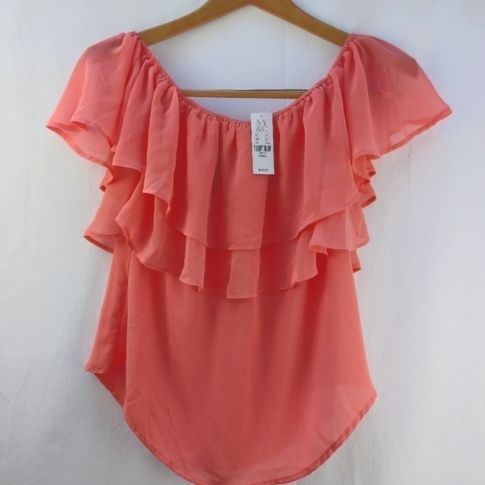 NWT New York & Company Coral Pink Ruffle Off Shoulder Top Size Small
